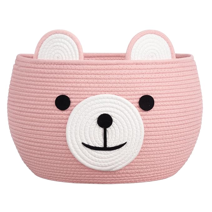 CherryNow Baby Basket for Nursery, Bear Gift Baskets for Girls, Baby Shower Basket with Handles, Large Diaper Caddy Organizer, Bright Pink, 15.7"D x 10.5"H