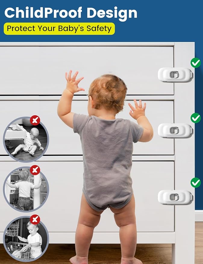 Cabinet Fridge Locks Baby Proofing, 6 Pack Child Proof Cabinet Refrigerator Locks, Baby Child Safety Frigerator Locks for Cabinets, with Strong Adhesive Pad for Draw Kitchen Oven (White, 6 Pack)