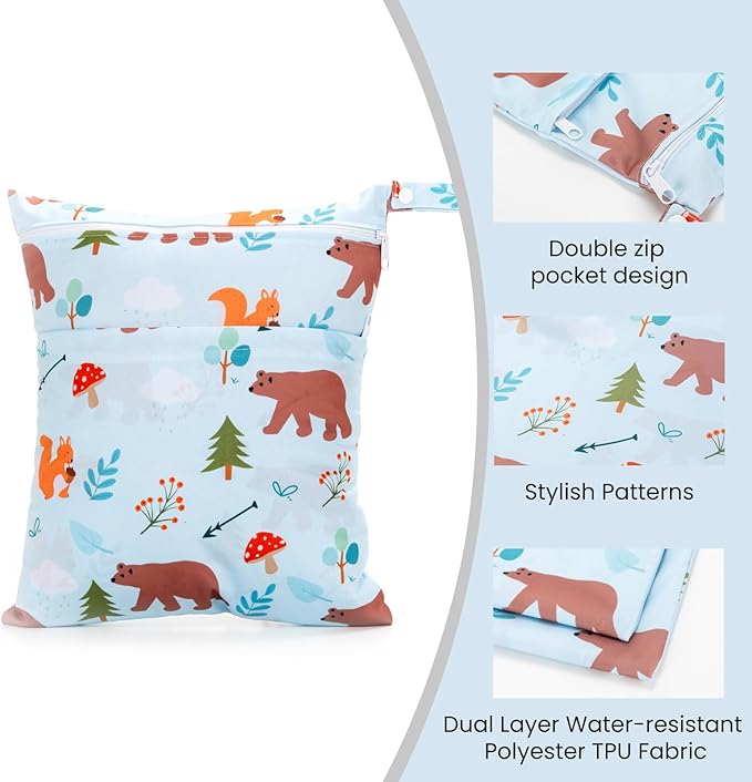 2 Pack Wet Dry Bags Waterproof Washable Travel Bags, Wet Bag with 2 Zippered Pockets for Diapers, Daycare, Bathing, Travel, Beach, Wet Swimwear, Yoga Gym