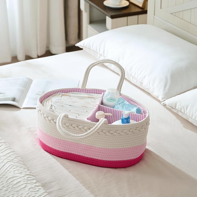 luxury little Diaper Caddy Organizer, Large Cotton Rope Nursery Baby Basket, Changing Table Organizer for Baby Diaper Storage, Portable Car Organizer Removable Divider (Pink, Extra Large)