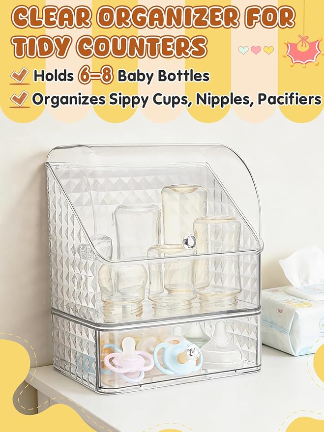 Flip-top Baby Bottle Organizer for 6 to 8 Bottles - Easy to Access, Space-Saving Clear Stackable Storage Drawers Baby Bottle Station for Kitchen Countertop Cabinet Nursery