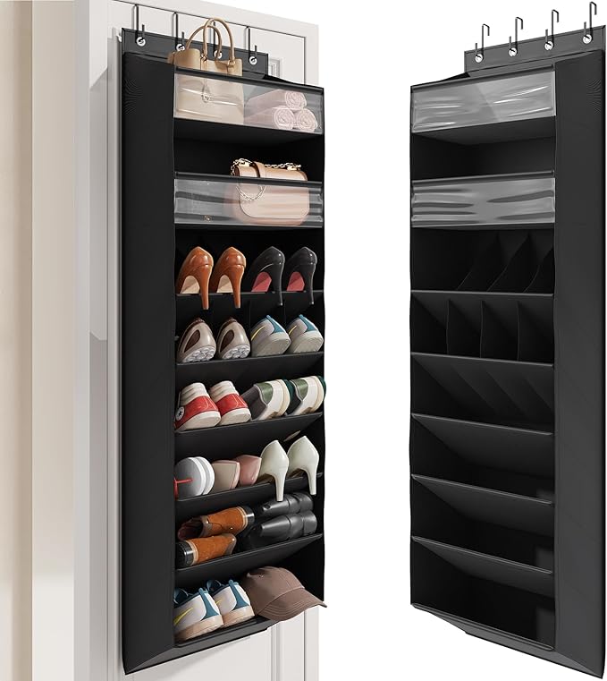 Mefirt 8 Tier Clear Over the Door Shoe Organizer with Deep Pockets, Door Shoes Rack with hard Cardboard and Tubes to Keep the Shape, Hanging Shoe Rack for Closet Organizers, Shoe Holder Black