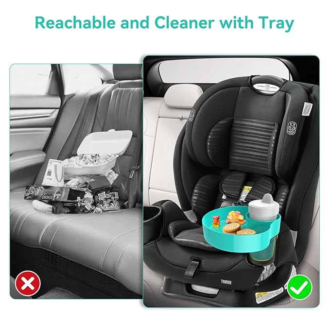 Car Seat Cup Holder Snack Tray: Travel Tray for Kids Car Seat Tray for Kids Travel, Console Cup Holder Food Drink Tray, Toddler Road Trip Travel Essential Accessories, Teal
