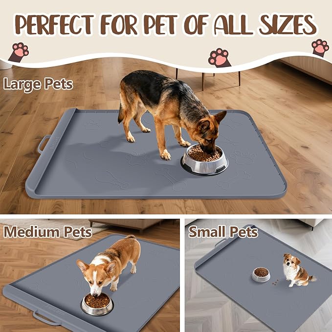 Bartuke Dog Food Mat with Collection Pocket, 42''x28'' Extra Large Silicone Pet Feeding Mat for Food and Water, Waterproof Anti-Slip Dog Mat with Edge and Handle, Pet Placement for Floor (Dark Grey)