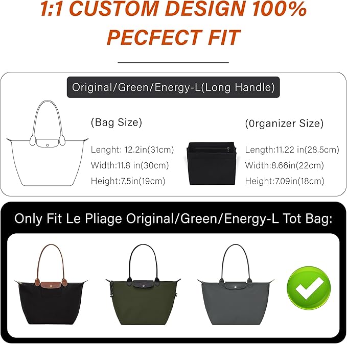 Purse Organizer Insert for Longchamp Le Pliage Large, Zipper Long Champ Bag Organizer Insert with Cup Holder, 9 Compartments,L/Beige
