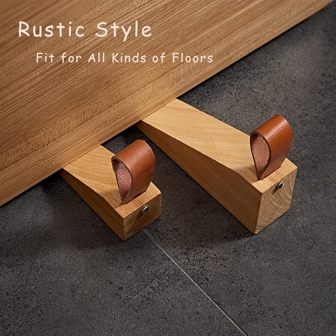 2Pack Wooden Door Stopper Non-Slip Security Wood Door Wedge with Leather Strap for Hanging Door Stopper, in House Bedroom Office Living Room Hotel Cabin (2pcs)
