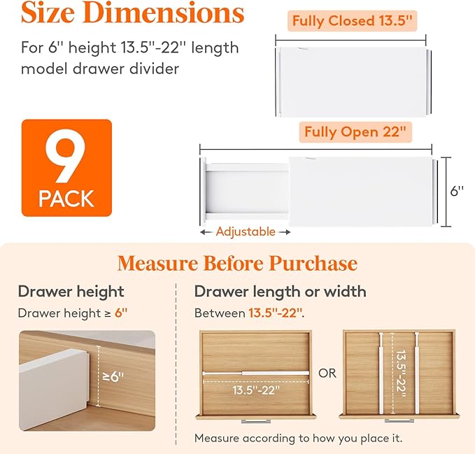 Lifewit 9 Pack Drawer Dividers Plastic 6" High, 13.5-22" Adjustable Drawer Organizers for Clothes, Expandable Dresser Separators in Bedroom/Bathroom/Kitchen/Office Organization and Storage, PLS6