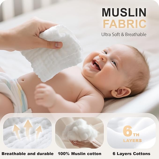 Cuddle Campus Baby Washcloths 6 Packs, Muslin Washcloths Baby,Cotton Burp Cloths, Extra Absorbent and Soft Wash Clothes for Newborns, 12x12 Inches