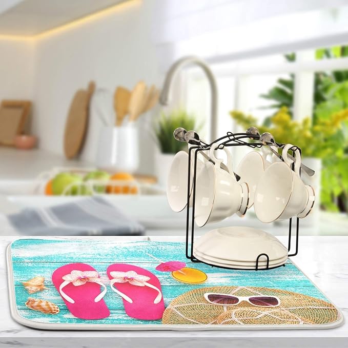 Summer Flip Flops Dish Drying Mat 16x18 in for Kitchen Counter Decor, Absorbent Blue Wooden Board Dry Pad Seashells Baby Bottle Dryer Rack Drainer Mats for Countertop Sink