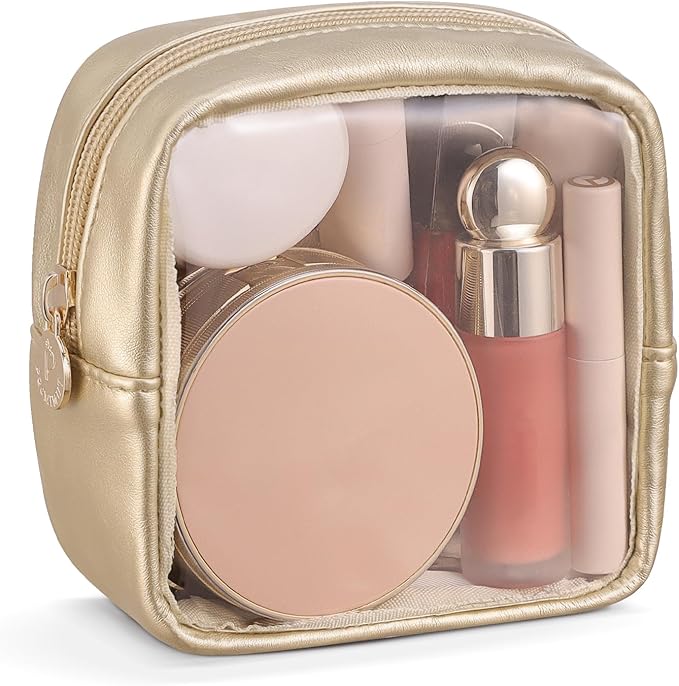 Pocmimut Clear Makeup Bag, Easy to Find Mini Makeup Bag for Purse, Travel Makeup Bag for Car, Compact Cosmetic Pouch for Daily Essentials,Gold