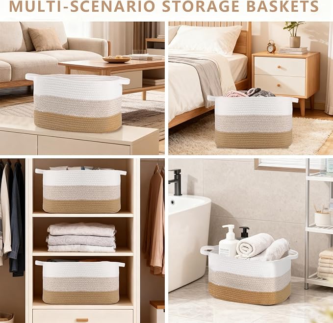 AOFANGSHIYE Cotton Rope Braid Storage Basket for Baby Carrier Toy Storage Bag Gift Basket for Kids Laundry Basket Baby Blanket Storage Measures 15x10x10 inches. (Khaki White)