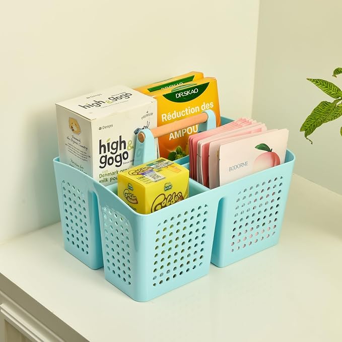Portable Shower Caddy Basket with Compartments, Plastic Divided Cleaning Caddy Organizer Storage Tote with Handle for Bathroom, College, Dorm Room Essentials, White
