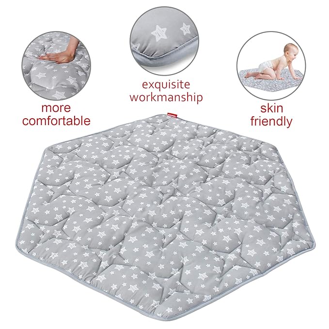 Hexagon Playpen Mat Compatible with Bend River Baby Play Pen, Hexagon Play Mat, Non Slip and Padded Play Mat Grey with Star Print