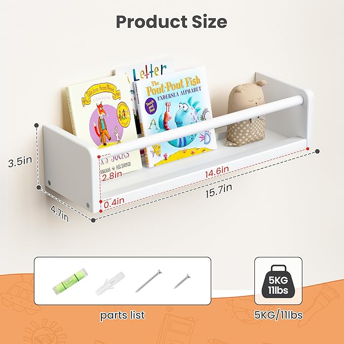 upsimples 2 Pack Nursery Book Shelves, 15.7 Inch Floating Bookshelves for Wall, Baby Nursery Decor, Small Solid Wood Wall Mounted Shelves for Baby Kids Boys Girls, White