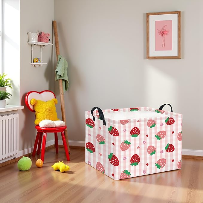 TIBAOLOVER Rectangular Kids Storage Basket Boys for Home Kitchen Girls Cute Storage Bin Organizer Shelf Book Room Decor(Stawberry)