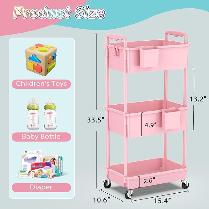 SUNALLY Baby Diaper Caddy Cart, 3 Tier Rolling Diaper Cart with Lockable Wheels for Nursery Essentials, Large Capacity & Easy Assemble Diaper Storage Organizer for Newborn,New Mom, Pink