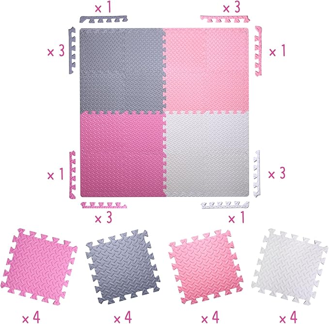Coolcandy Baby Foam Play Mat 16Pcs with Edge Strips, 4 Colors Interlocking Floor Tiles, 0.4″ Thickened Non-Slip Puzzle Floor Mat for Infants Toddlers Playroom & Daycare