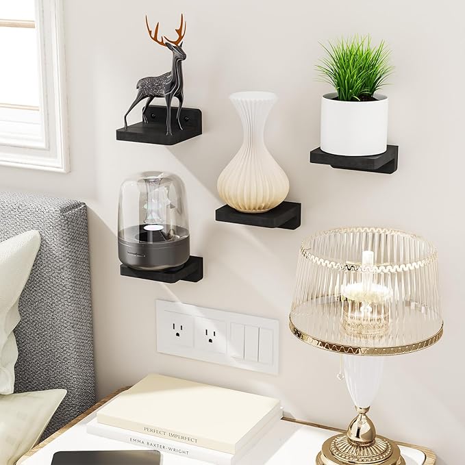 SRIWATANA Small Floating Shelves Wall Mounted, Wood Shelf for Decoration and Storage Set of 4, Mini Display Shelf for Bedroom, Bathroom, Kitchen, Office (Black, 4 inch) (Pack of 2)