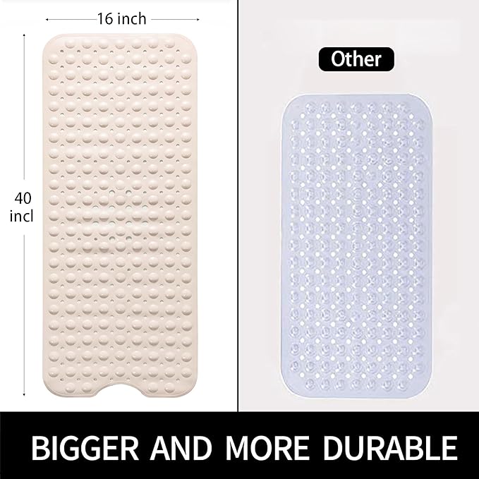 Bathtub and Shower Mats, Extra Long Non-Slip Bath Mat 39 x 16 Inch, Machine Washable Bath Tub Mat with Suction Cups & Drain Holes for Bathroom, Beige
