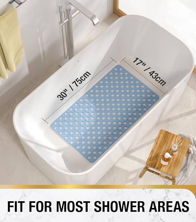 HITSLAM Bathtub Mat Non Slip, 30 x 17 Inch TPE Bath Mat for Tub, Efficient Drainage Bathroom Shower Mat with Suction Cups, Bath Tub Mat, Soft on Feet and Easy to Clean, Blue