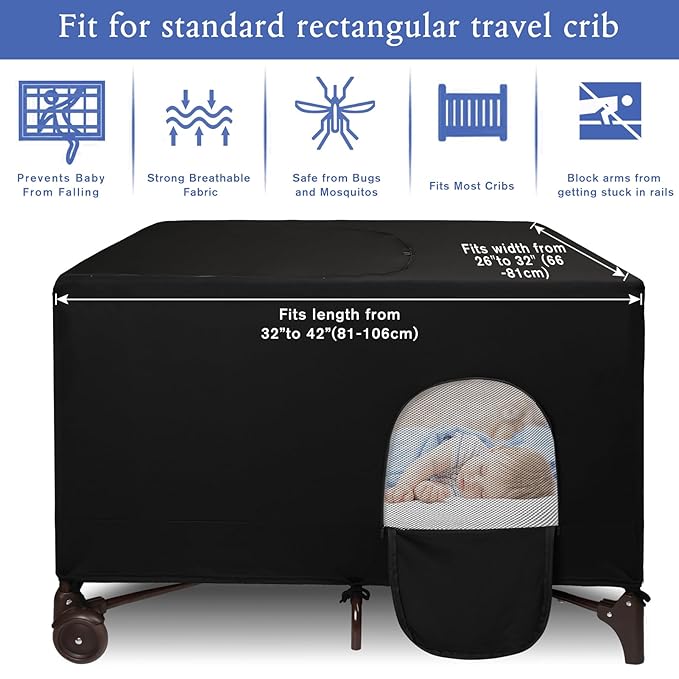 Dofilachy Blackout Cover for Pack N Play - Crib Blackout Cover Tent - Canopy Cover - Breathable Travel Crib Tent - Portable Stretchy Blackout Tent (Black)