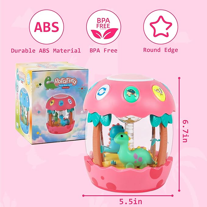 M SANMERSEN Baby Girl Toys 6-12 Months, Dinosaur Rotating Light Up Musical Baby Toys for 0-6 12-18 Months Newborn Infant Crawling Tummy Time Toys, Birthday Valentines Day Baby Girl Gifts - Pink