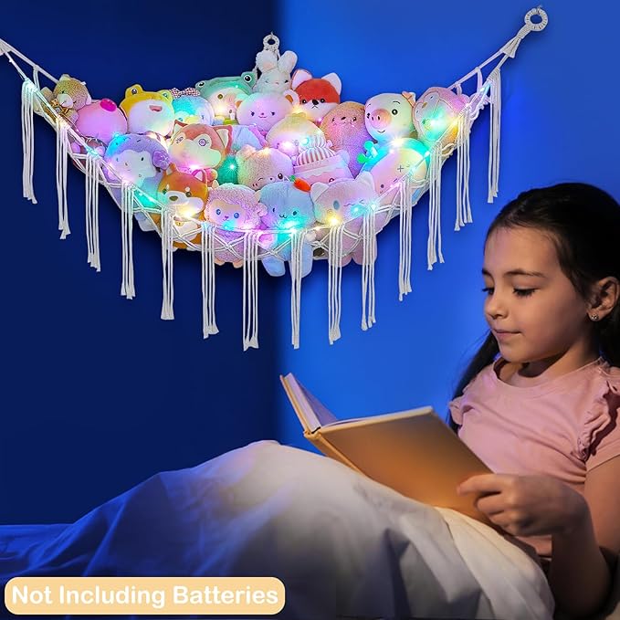 Basumee Stuffed Animals Net or Hammock with LED Light, Hanging Stuffed Animals Storage Toy Hammock Net Corner Wall Girls Room Decor Toy Storage Organizer, White, L