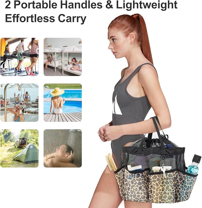 F-color Mesh Shower Caddy Portable with Drawstring - Large 8 Pockets Dorm Room Essentials for Guys Girls with S Hook, Shower Bag Basket Tote for College Camping Gym Travel Toiletry Bathroom, Leopard