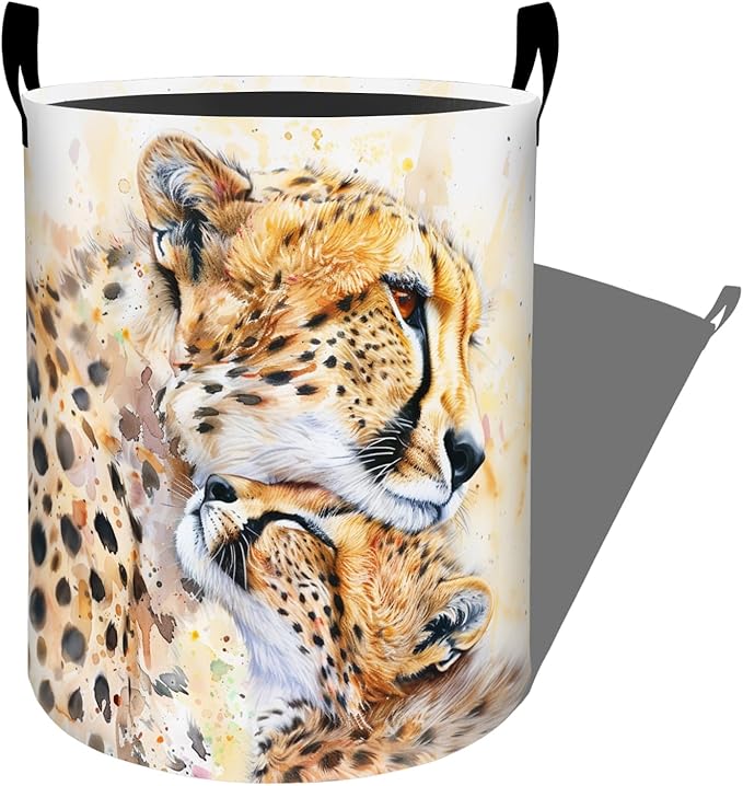 Loving Cheetahs in Gentle Embrace Laundry Basket with Handles, 19.7"x15.7" Clothes Foldable Laundry Hamper Organizer for Dorm Nursery Bedroom Bathroom Decor, Toy Storage Bin for Kids