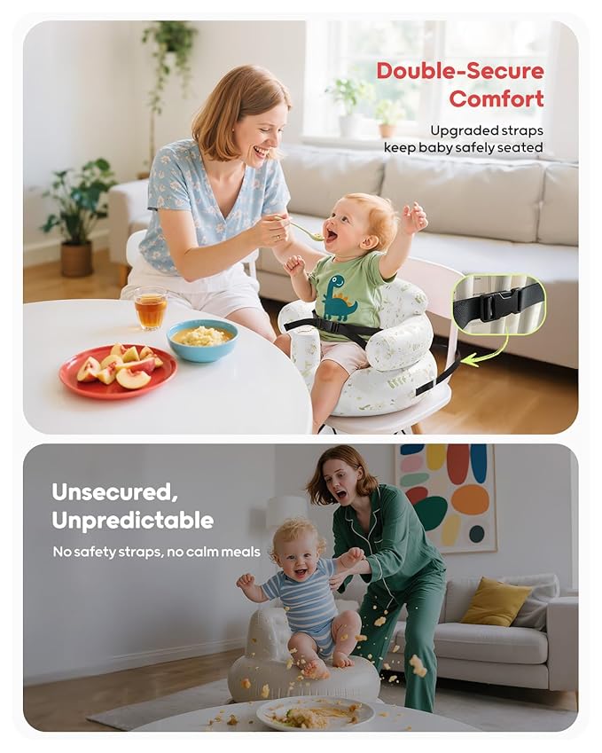 QPAU Inflatable Baby Seat with Safety Harness for Babies 3 Months & Up, Baby Floor Seats for Sitting Up, Baby Seats for Infants, Blow Up Baby Chair with Built in Air Pump (Rabbit and Bear)