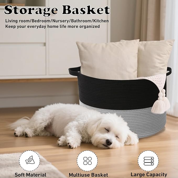 Large Storage Basket with Handle,19.7"x 19.7"x 13" Blanket Basket Storage Bins for Organizing,65L Cotton Rope Woven Baskets for Living Room, Nursery,Bedroom,Black&Light Grey