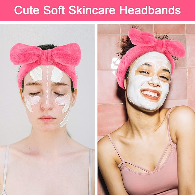 Ondder Spa Headband for Washing Face, Rose Red Terry Cloth with Cute Bow, Skincare Headbands for Women Girls, 8 Pack