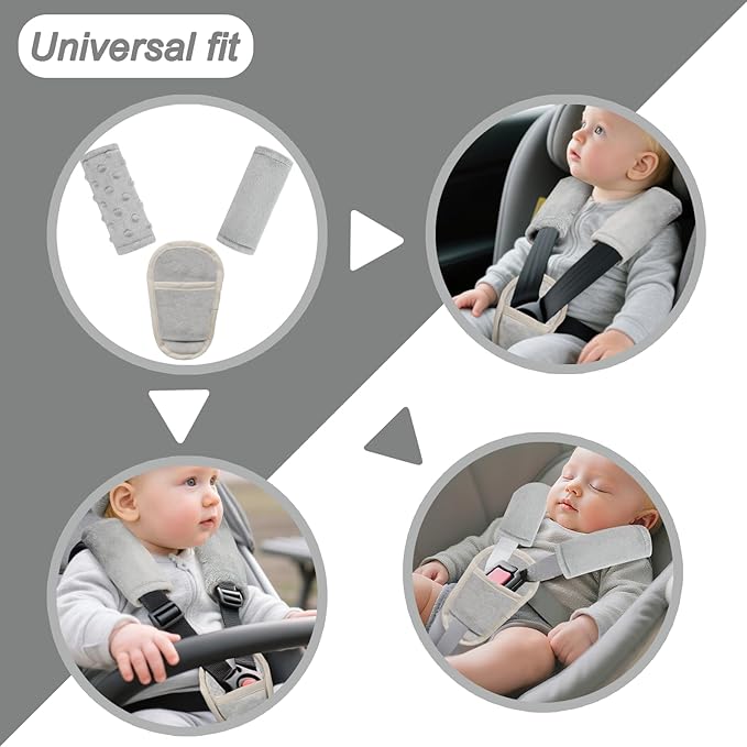 Car Seat Straps Pads for Baby Boys 3 Pieces,Super Soft Car Seat Strap Covers Kids,Man Fai Sky Infant Carseat Shoulder Pading, Hip Support for All Car Seats, Pushchair, Stroller(Grey)