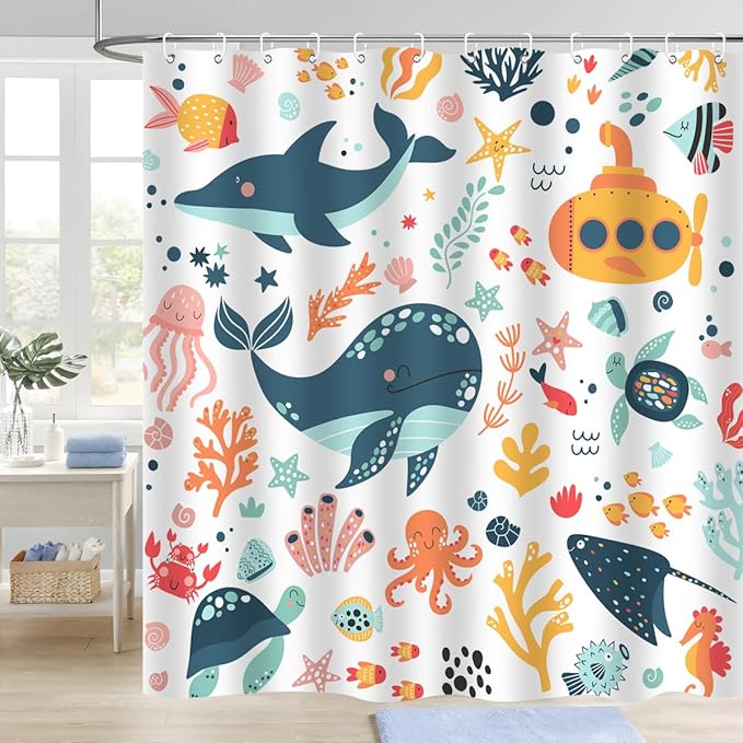 Kids Cartoon Ocean Shower Curtain Cute Fish Sea Turtle Whale Dolphin Funny Underwater Submarine Animal Sea Life Children Boy Home Bathroom Decor Waterproof Fabric 72Lx72W Inch with 12PCS Hooks