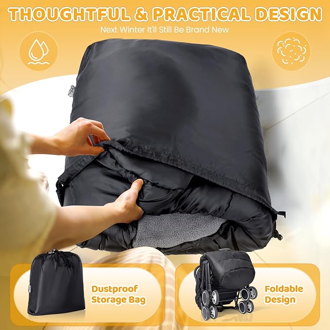 Orzbow Universal Stroller Bunting Bag with Extra Footmuff for Toddler, Kids, Warm Waterproof Winter Stroller Blanket Cover, Baby Bunting Bag - Protect Babies from Cold Winds, Black