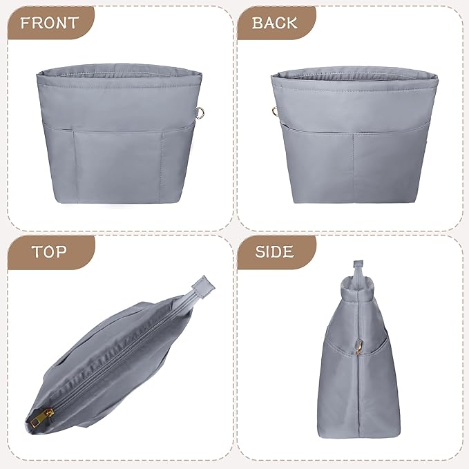 Vercord Purse Insert Organizers for Petite Tote Bag Organizer Insert Inside Handbag Shaper with Zipper Light Grey