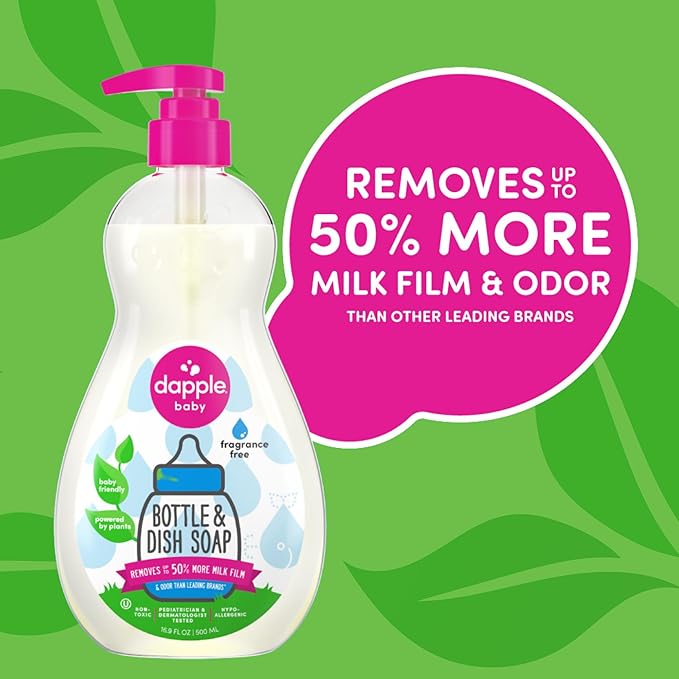 Dapple Baby Fragrance Free Bottle & Dish Soap - (3 Pack) 16.9 fl oz - Cleans Baby Bottles, Sippy Cups, Pacifiers, Breast Pumps, & More - Gently Removes Milk Film & Odors - Includes 1 Pump