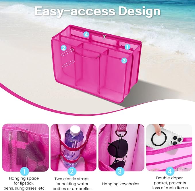 XYFuuee Beach Bag Organizer Inserts for Original Large Bogg Bag Accessories with 8 Removable Metal Fasteners, Lightweight Mesh Insert Divider Pouch, Organizing Rubber Tote, Save Space, Hot Pink XL