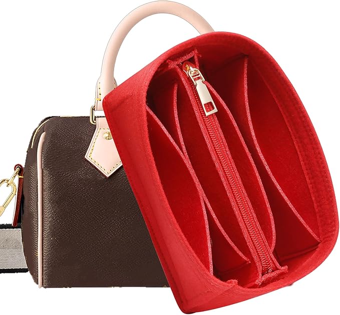 Doxo Premium Felt Purse Organizer Insert, 7 Compartments with Removable Zipper Pocket | Small Purse Organizer Fits LV Speedy 20, Noé BB, Mini Ophidia Tote, Groove 20 & More Bag Organizer Insert (Red)