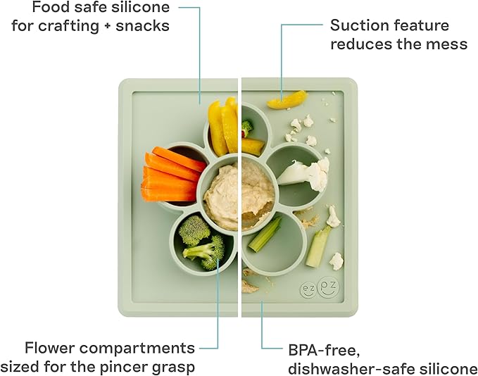 ezpz Mini Play Mat for Baby + Toddler (Sage) - 6 Months+ - Suction Plate with Flower Compartments for Crafts, Painting, Sorting, Snack Time - Promotes Pincer Grip