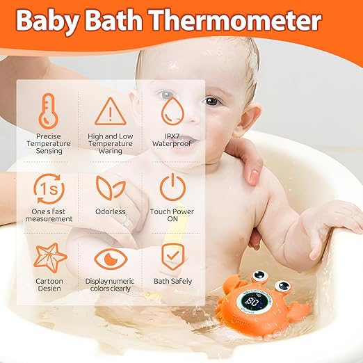 Baby Bath Thermometer, Bathtub Water Thermometer, Large Eyed Crab Toy Floating Water Temperature Gauge Baby Temperature Warning, LED Display Warning