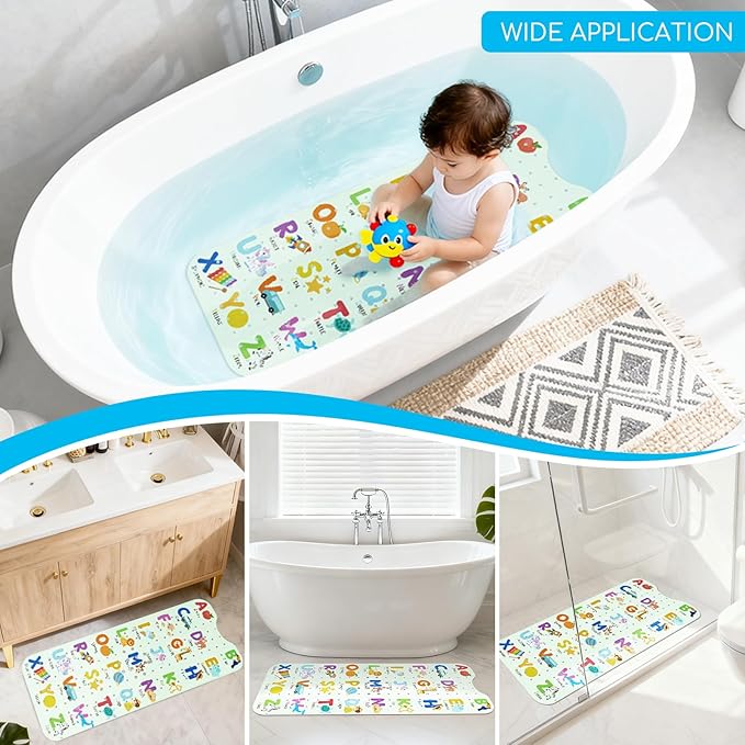 Omedecal Baby Bath Mat for Tub, Non Slip Kids Bath Shower Mat, 40 X 16 Inch Large Bathtub Mat with Drain Holes and Suction Cups for Toddlers, Machine Washable and Waterproof (Alphabet)