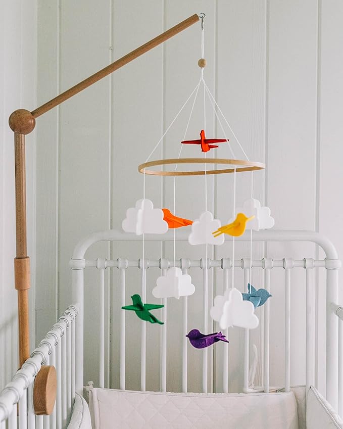 Baby Crib Mobile – Wooden Hanging Nursery Baby Mobile for Crib, Nursery Decor for Boys & Girls, Perfect Shower Gift (Rainbow Birds in The Clouds, w/Garland) Also Fits Bassinets, Sorrel + Fern