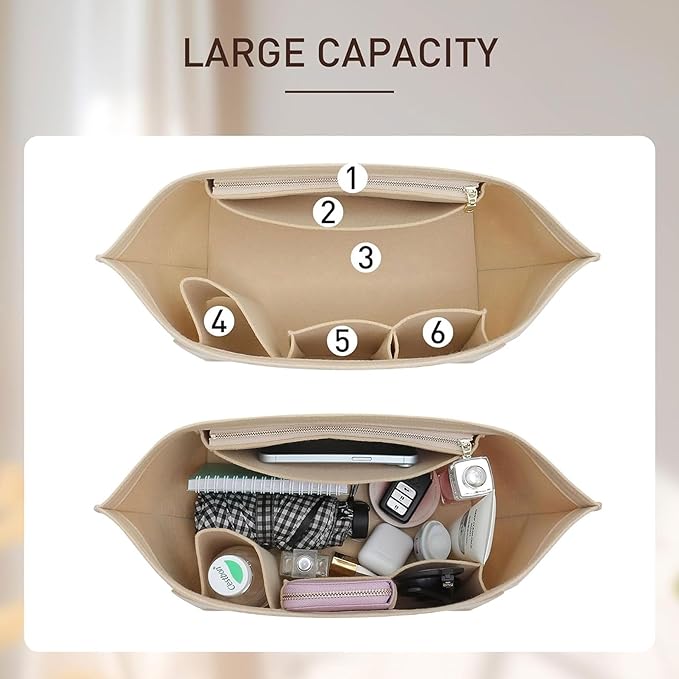 Doxo Felt Purse Organizer Insert,Handbag Organizer Compatible with Longchamp Le-pliage Large and More, Long Champ Bag Organizer Keeps Tote Handbags Shaped & Neat (Beige,Large)