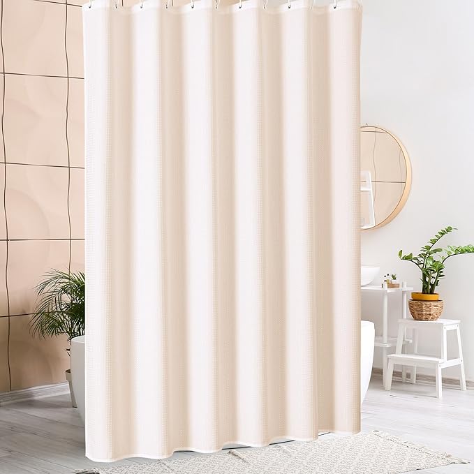 MitoVilla Pink Waffle Small Stall Shower Curtain 36 x 72, Half Size Fabric Narrow Shower Curtains for Bathroom Decor, 36 inch Weighted Shower Curtain Set with Plastic Hooks, Blush Pink