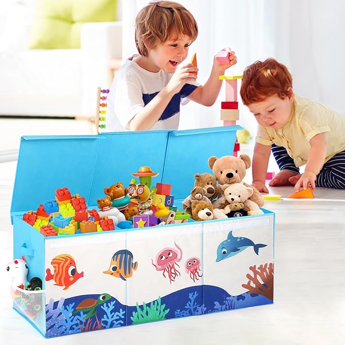 Dqoetort Extra Large Toy Box, Collapsible Storage Organizer with Lids, Sturdy Ocean Toy Chest for Boys Girls, 40"x14"x16" Kids Storage Bin Box Baskets for Living Room, Playroom, Bedroom, Nursery