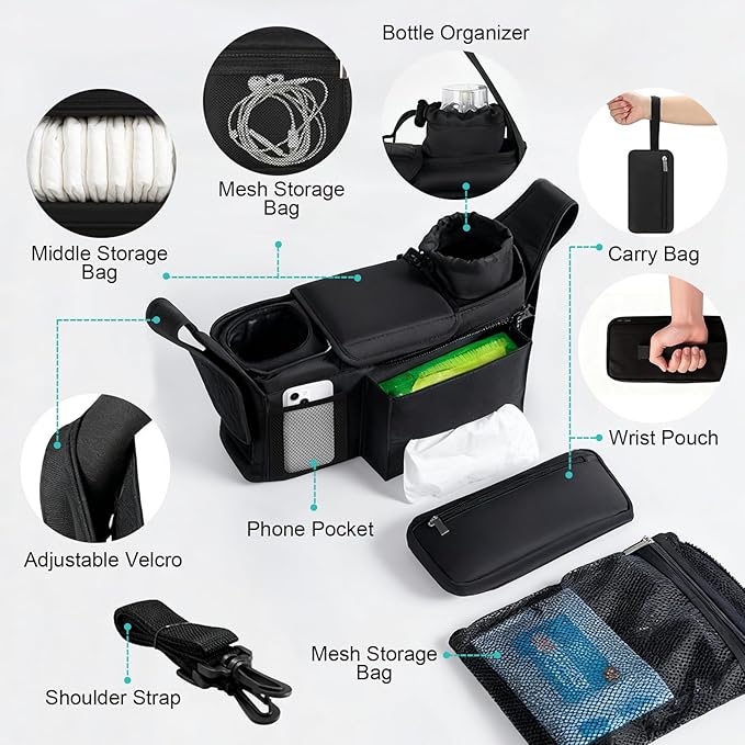 eutopic Universal Stroller Organizer with Insulated Cup Holder Detachable Phone Bag & Shoulder Strap, Bag Caddy Fits for Stroller like Uppababy, Baby Jogger, Britax, BOB, Umbrella & Pet Stroller