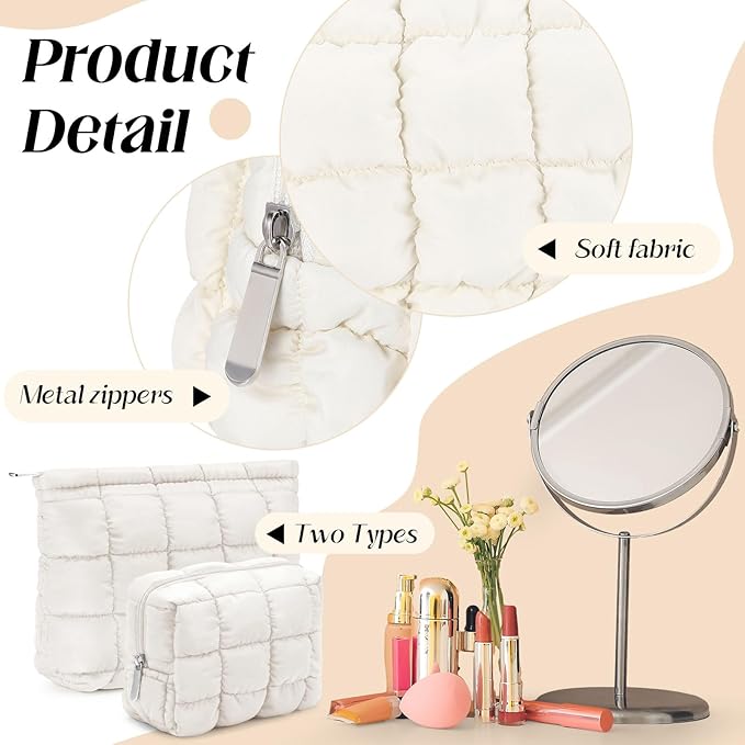 2 Pcs Puffy Makeup Bag Quilted Cosmetic Pouch for Women Cute Checkered Travel Toiletry Bag Puffer Makeup Organizer Purse Pouch Preppy Pencil Case with Zipper(White)