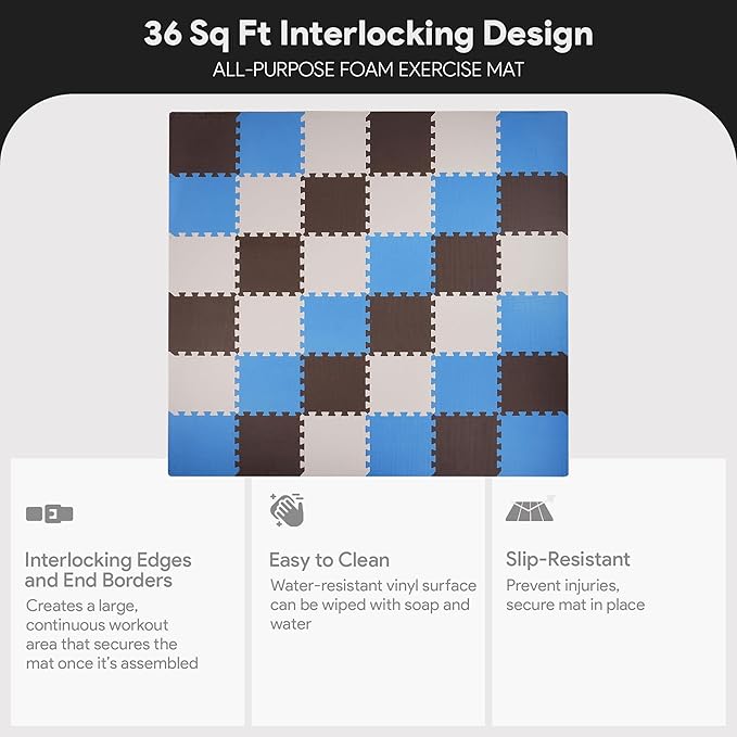 BalanceFrom Foam Floor Tiles for Kids - Non-Toxic Comfortable Baby Play Mat and Interlocking Foam Tiles for Crawling & Development, Soft Play Mat for Babies, 36 Tiles Cover 36 SQ SF