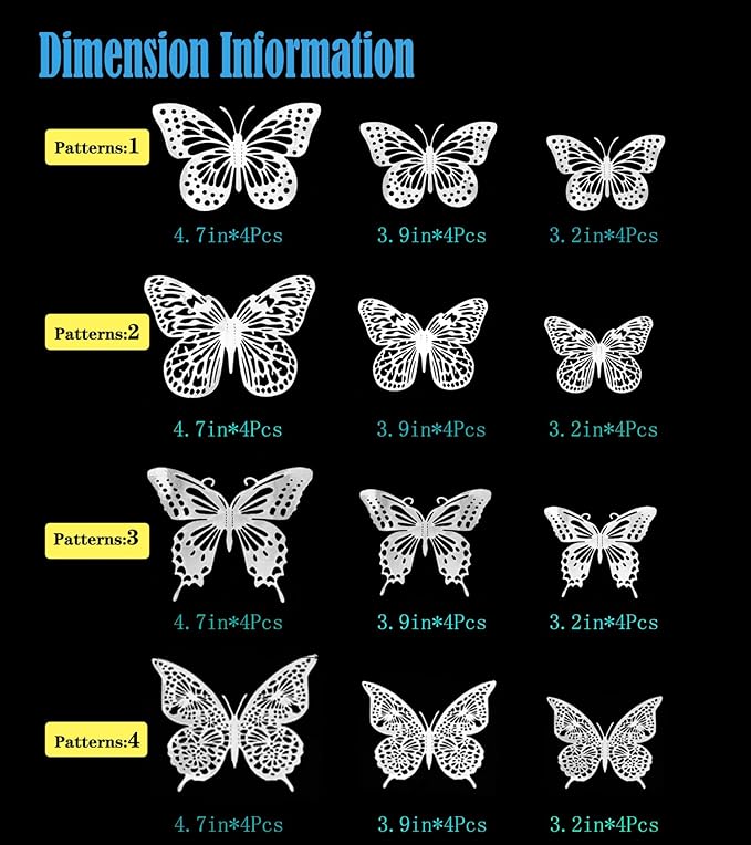 JOSDIOX 3D Silvery Butterfly Wall Stickers - 48 Pcs with 4 Styles & 3 Sizes, Removable Decor for Party Birthday Wedding Cake Balloon Decoration(48 Silvery)
